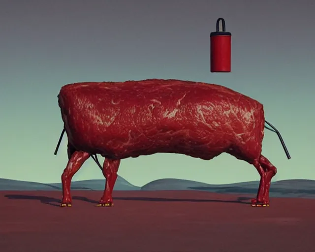 Image similar to Anthropomorphic Animatronic walking beef machine made of meat, painting by Grant Wood, 3D rendering by Beeple, directed by Wim Wenders, cinematography by Robby Müller