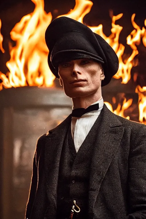 Prompt: Full-body portrait of Cillian Murphy in Peaky Blinders standing, fire in the background, dramatic, gloomy, dark, bleak, cheerless, desolate, impressive, tragic, cinematic, dull colours, dark colour scheme, atmospheric, high quality in the style of Muppet show