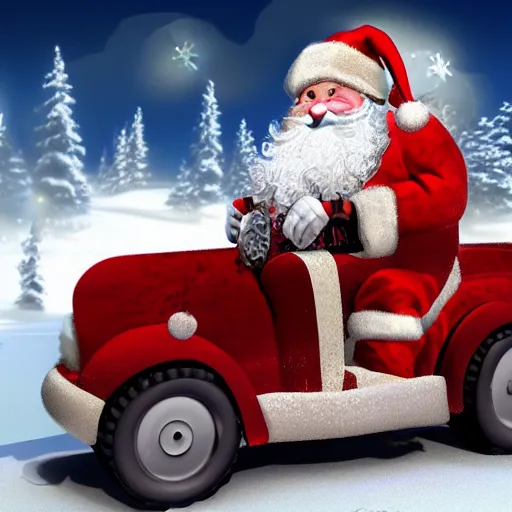 Image similar to Santa Clause driving a rally car he is going fast there is smoke coming from the tires there is snow on the track you can clearly see Santa Clause driving he is fat and jolly, realistic lighting, realistic shadows, highly reflective, photo realistic, hyper realistic