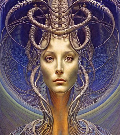 Image similar to detailed realistic beautiful young cher alien robot as queen of andromeda galaxy portrait by jean delville, gustave dore and marco mazzoni, art nouveau, symbolist, visionary, baroque, giant fractal details. horizontal symmetry by zdzisław beksinski, iris van herpen, raymond swanland and alphonse mucha. highly detailed, hyper - real, beautiful