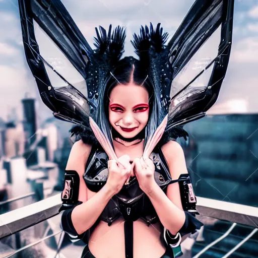 Prompt: portrait futuristic Devil Girl with horns and wings and feathers and armor stuuing smile in future cyberpunk tokyo rooftop sci-fi fan