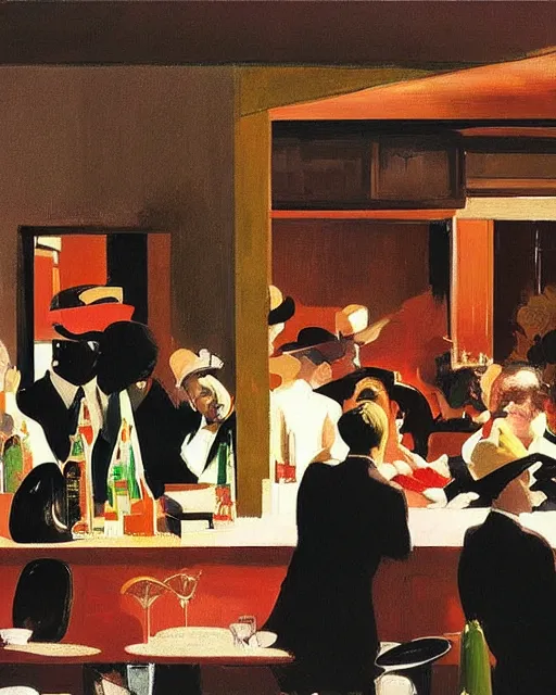 Prompt: crowd of people in a bar in the style of Francis Bacon and Edward Hopper. Strange interior living room with lots of people, surreal. Art by Syd Mead and Frank Lloyd Wright