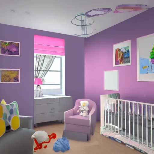 Image similar to modern interior home design for baby room, with cute drawings and colors. Photorealistic, ultra-detailed, high resolution, HDR shot