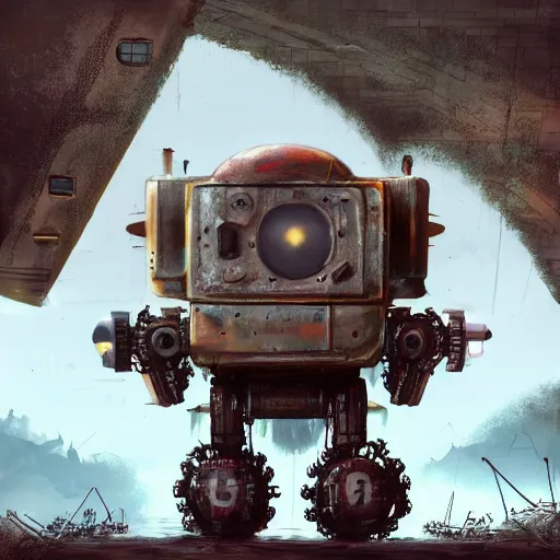 Image similar to Huge Sponge Bob mecha robot abandoned under a bridge. rusting, apocalyptic dystopia. unreal engine, 4k, trending on artstation, digital painting, highly detailed