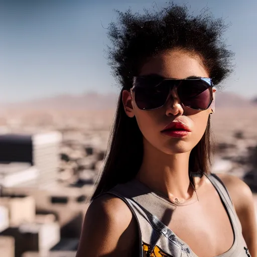 Image similar to photographic portrait of a streetwear woman, closeup, on the rooftop of a futuristic city overlooking a desert oasis, sigma 85mm f/1.4, 4k, depth of field, high resolution, 4k, 8k, hd, full color