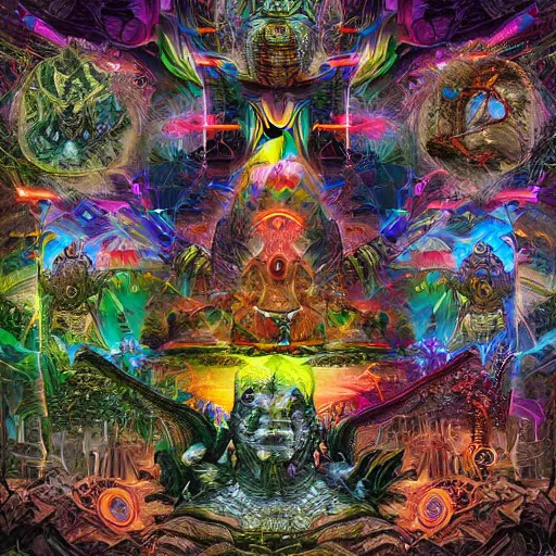 Image similar to techno earth plaza with a divine jungle of deities and peoples living together in harmony created by android jones, vector painted by pablo amaringo