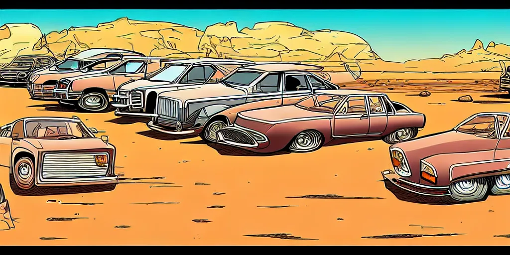 Image similar to vintage cars in a desert, cartoon, moebius style