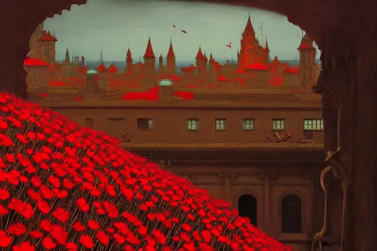 Image similar to only with red, red flowers of different types, red castle in background, red medieval goblins, in the style of beksinski, parts by edward hopper, parts by rodcenko, parts by yue minjun, intricate and epic composition, red by caravaggio, insanely quality, highly detailed, masterpiece, red light, artstation, 4 k