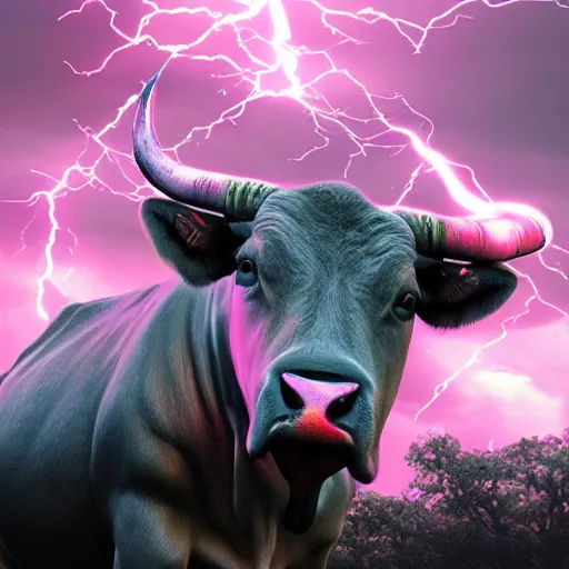 Image similar to bull volume sky concept art pink hyper realistic epic cinematic lightning