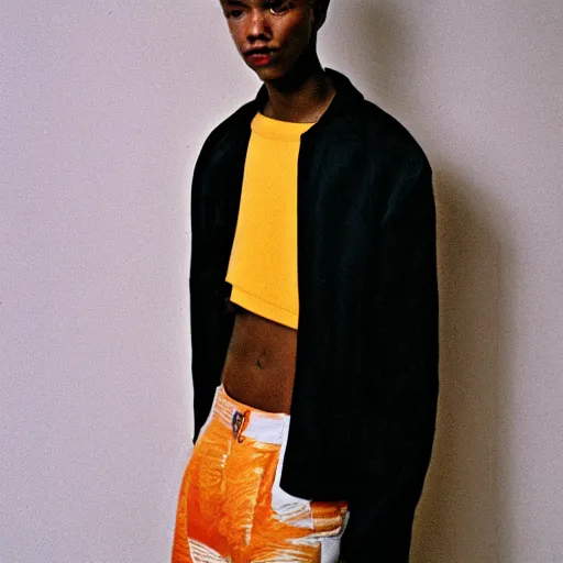 Prompt: realistic! Fashion photoshoot for a new Acne lookbook, color film photography, portrait of Ajok Madel, photo in style of tyler mitchell, 35mm