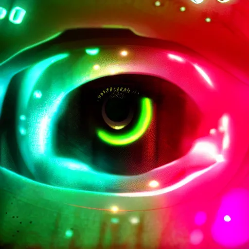 Image similar to cybernetic android eye, 8k resolution digital painting cinematic lighting by Jason Felix Steve Argyle Tyler Jacobson neon glow backdrop soft bokeh