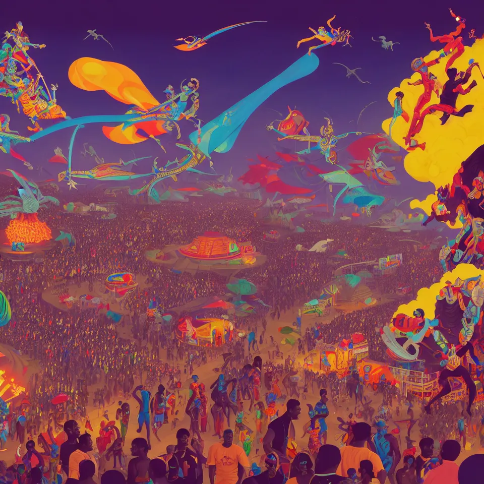 Image similar to trinidad and tobago carnival by paolo eleuteri serpieri and tomer hanuka and chesley bonestell and daniel merriam and tomokazu matsuyama, unreal engine, high resolution render, featured on artstation, octane, 8 k, highly intricate details, vivid colors, vector illustration