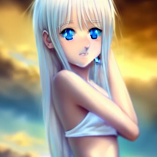 Image similar to tiny father a tall daughter picture : a very beautiful young blond anime girl, sky blue eyes, bikini, white miniskirt, highly detailed, cinematic wallpaper by stanley artgerm lau