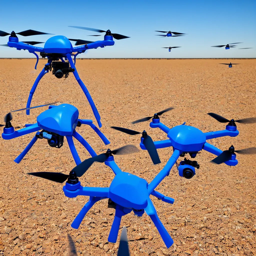 Image similar to bright blue colored drone aircraft shooting insect pests with a laser in the australian desert, XF IQ4, 150MP, 50mm, F1.4, ISO 200, 1/160s, natural light