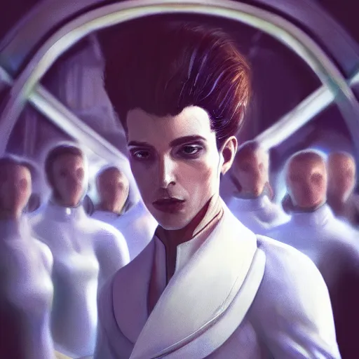 Image similar to portrait of a regal prince in futuristic white clothes, high collar, sharp cheekbones, hopeful expression, surrounded by a crowd of furious people out of focus, matte painting, digital art, stylized, highly detailed, by cedric peyravernay