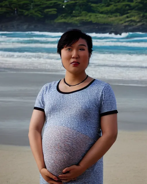 Prompt: photo of a heavily pregnant young asian male protagonist, big belly, on the beach