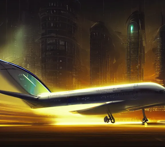 Image similar to futuristic sci fi plane lands at runway of cyberpunk city, night photo ,dark cinematic lighting , digital concept art