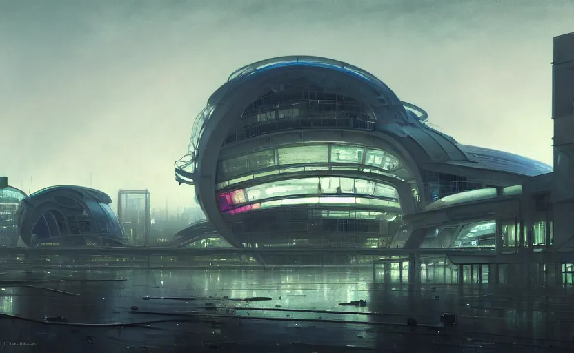 Prompt: painting of a wide angle exterior shot of a white modern futuristic cyberpunk architecture with neon lights in the middle of an english garden with cinematic lighting by peter zumthor and renzo piano, darek zabrocki and greg ruthkowski, alphonse mucha, simon stalenhag and cinematic and blue cold atmospheric, archillect concept art, artstation, trending on artstation