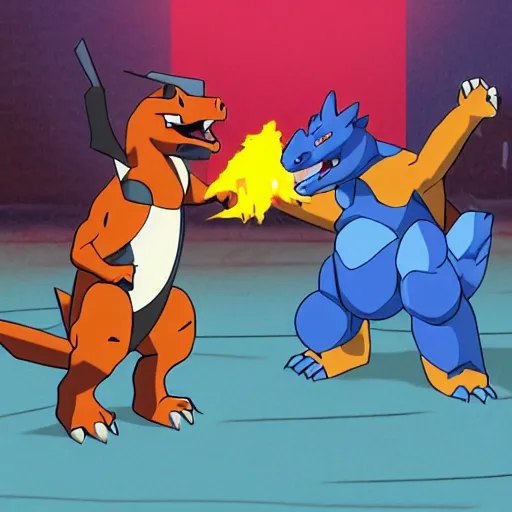 Image similar to charizard getting punched in the face by blastoise, wrestling ring