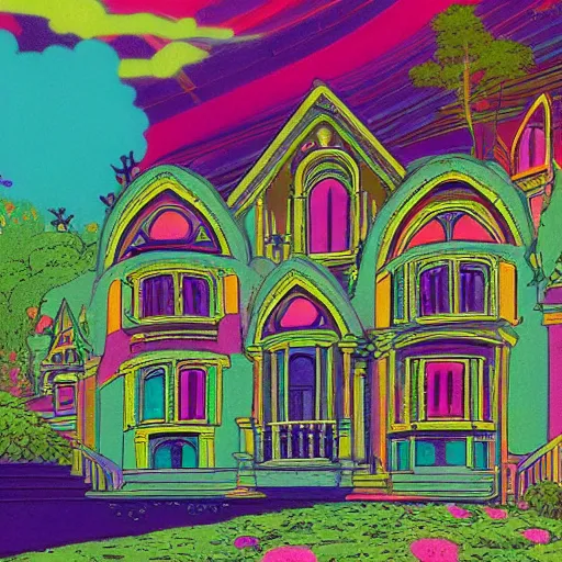 Prompt: hypermaximalist, golden ratio, gothic, vibrant neon pastel, fantasma, nonsensical by studio ghibli, significant mass loss of a house, field painting hard