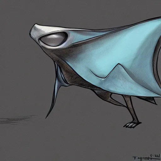 Prompt: design for a character with a manta ray head and arms attached by the back like a large blanket, alien, mutant, peaceful, art by tim shafer from his work on psychonauts by double fine, in collaboration with vivienne medrano, pencil sketches, professional art