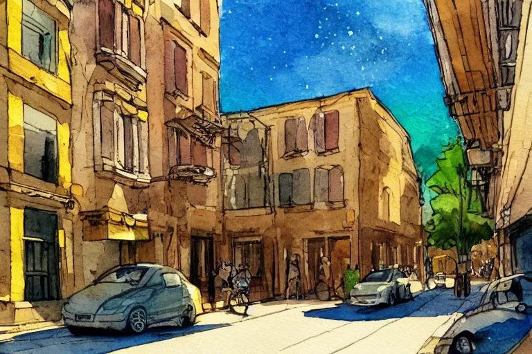 Prompt: street summer watercolor pen light color on artstation