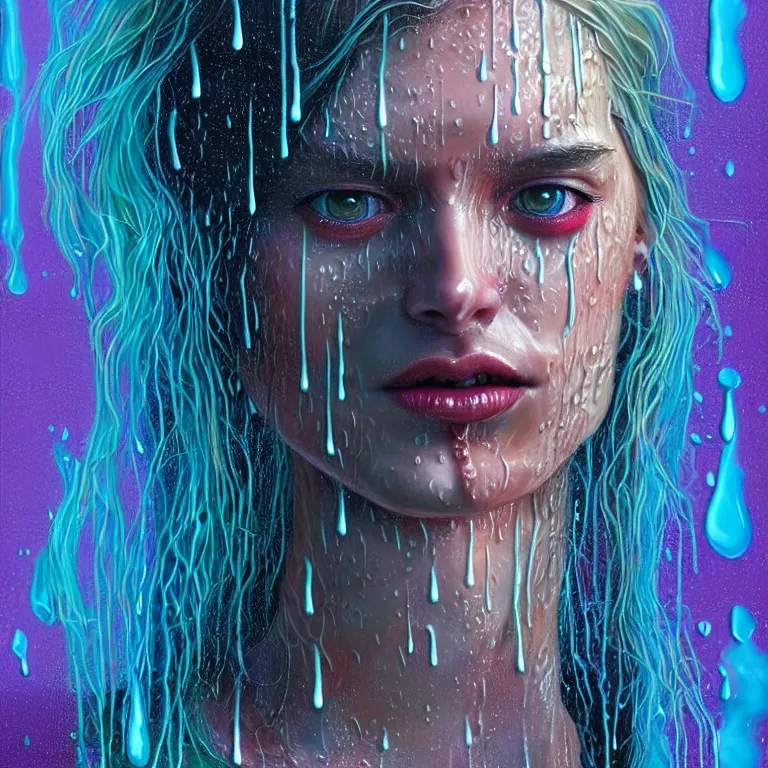 Image similar to bright asthetic portrait of LSD in rain with wet hair and face, liquid, fantasy, intricate, elegant, dramatic lighting, highly detailed, lifelike, photorealistic, digital painting, artstation, illustration, concept art, smooth, sharp focus, art by John Collier and Albert Aublet and Krenz Cushart and Artem Demura and Alphonse Mucha