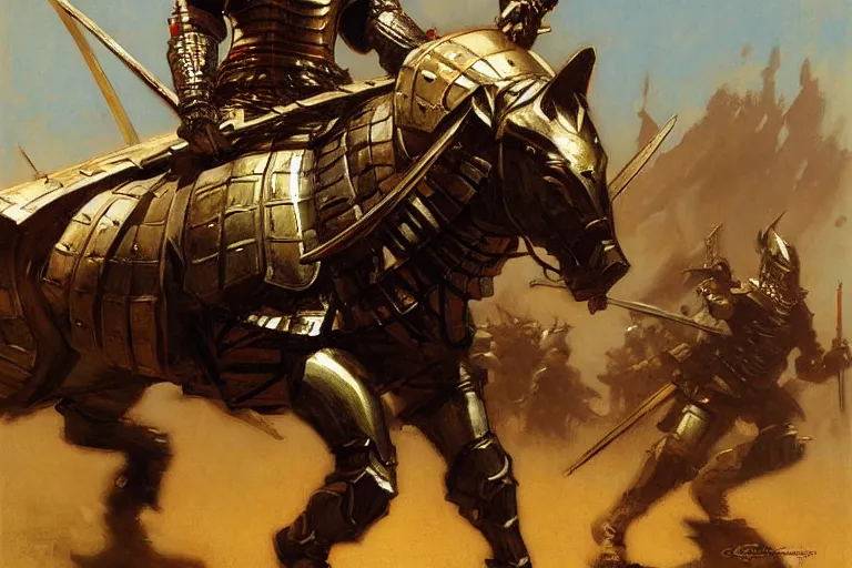 Image similar to armored samurai painting by gaston bussiere, craig mullins, j. c. leyendecker, tom of finland,