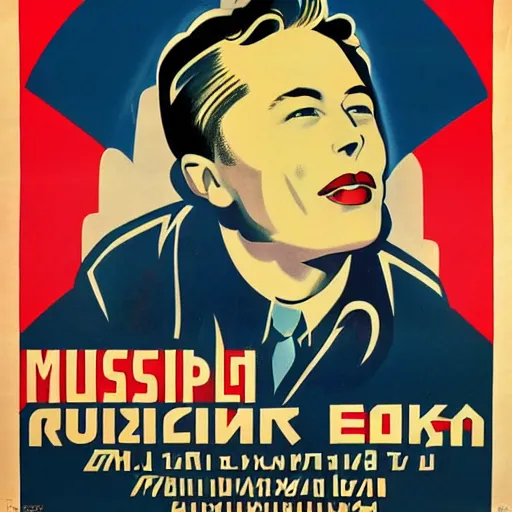 Image similar to 1940s Russian propaganda poster about Elon Musk