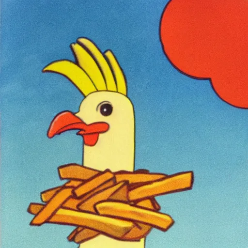 Image similar to chicken smokes french fry, coloured historic photo, sunset