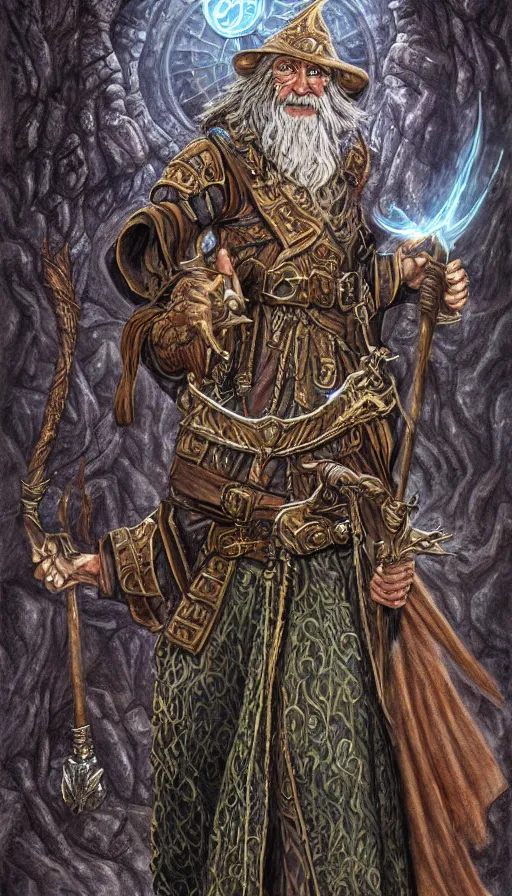 Image similar to highly detailed, wizard with a dungeon background by mike mcnola, wizards of the coast
