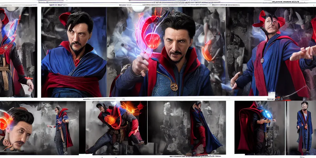 Image similar to young al pacino as dr strange the sourcerer supreme, character sheet, concept design, contrast, hot toys, kim jung gi, greg rutkowski, zabrocki, karlkka, jayison devadas, trending on artstation, 8 k, 3 d scene, photo, realistic, octane render, ultra wide angle, pincushion lens effect