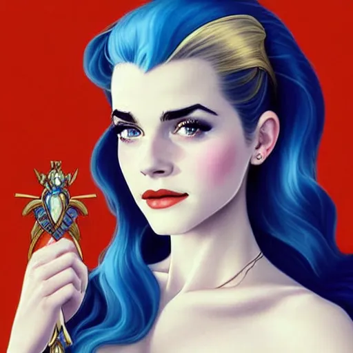 Image similar to A combination of Grace Kelly's and Emma Watson's and Katherine McNamara's faces with blue hair as She-Ra, western, D&D, fantasy, intricate, elegant, highly detailed, digital painting, artstation, concept art, matte, sharp focus, illustration, art by Artgerm and Greg Rutkowski and Alphonse Mucha