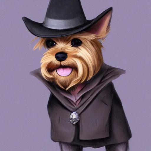 Image similar to detective yorkshire terrier wearing a fedora, in a dark alley, by D&D Concept Artists