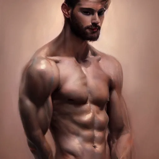 Prompt: a beautiful toned man, aesthetic, oil painting, pale colors, high detail, 8 k, wide angle, trending on artstation,