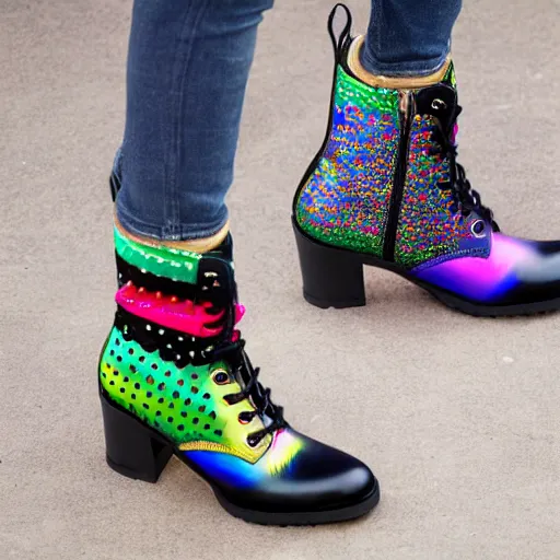 Prompt: stiletto doc Martin boots with rainbow colored polka dots, product photo, detailed, 4k