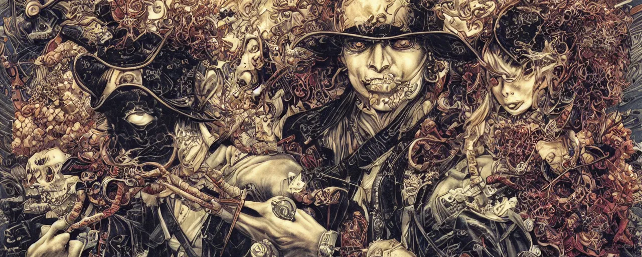 Image similar to portrait of crazy pirate, symmetrical, by yoichi hatakenaka, masamune shirow, josan gonzales and dan mumford, ayami kojima, takato yamamoto, barclay shaw, karol bak, yukito kishiro