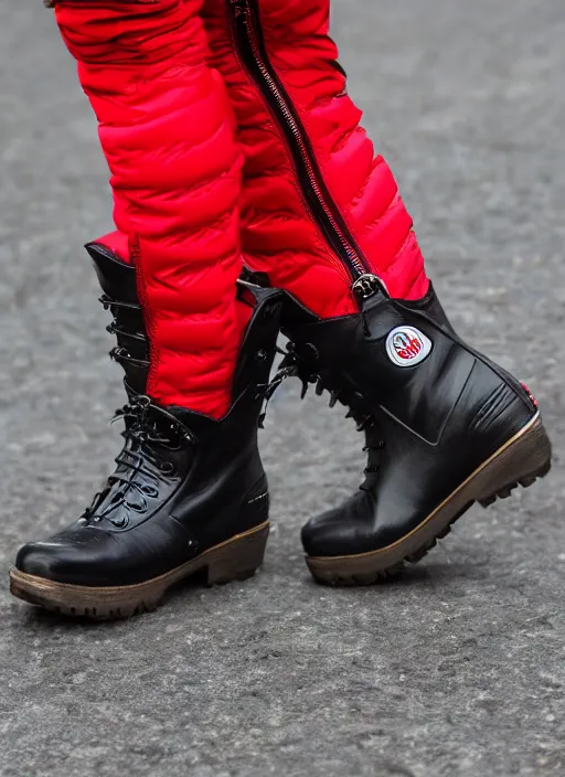 Image similar to hyperrealistic and heavy detailed moncler boots of whole lotta red by playboi carti, leica sl 2 5 0 mm, vivid color, high quality, high textured, real life