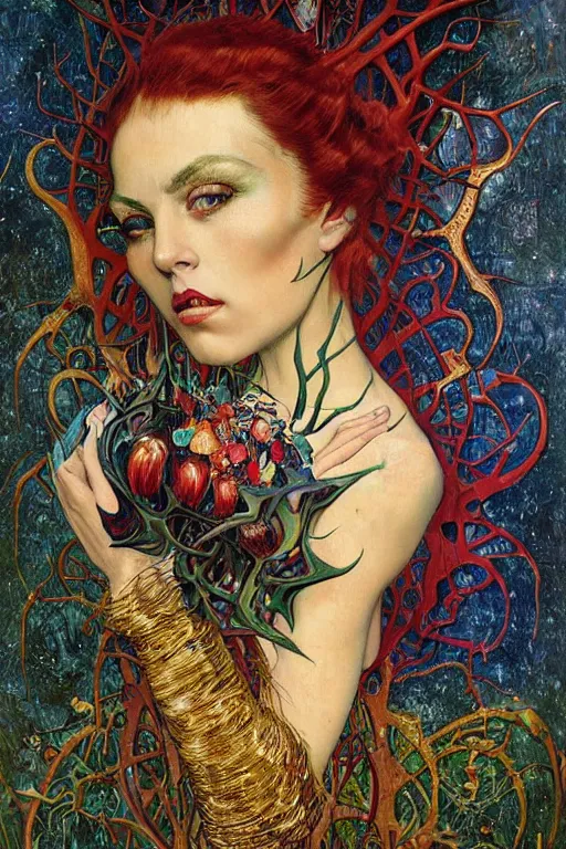 Image similar to Heart of Thorns by Karol Bak, Jean Deville, Gustav Klimt, and Vincent Van Gogh, Surreality, otherworldly, infernal enigma, Helliquary, fractal structures, celestial, arcane, ornate gilded medieval icon, third eye, spirals, dramatic sharp thorns, rich deep moody colors