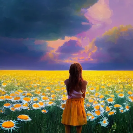 Image similar to head made of giant daisies, girl standing barefoot in a vast flower field, surreal photography, sunrise dramatic light, impressionist painting, colorful clouds, large sky, digital painting, artstation, simon stalenhag, flower face