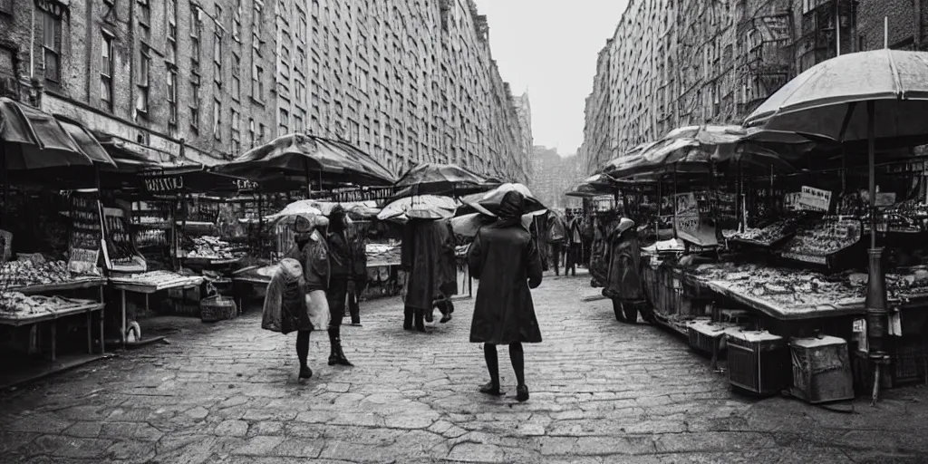 Image similar to medium shot of market stall with umbrellas : sadie sink in hoodie. in ruined square, pedestrians on both sides. steampunk tenements in background : 3 5 mm film, anamorphic, from schindler's list by steven spielberg. cyberpunk, cinematic atmosphere, detailed and intricate, perfect anatomy