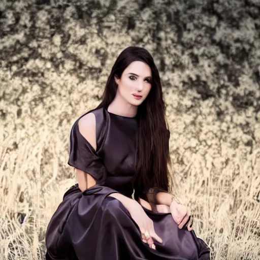 Prompt: a beautiful woman with long brown hair and a dark silk dress sitting poses with sunlit dried caked bleached