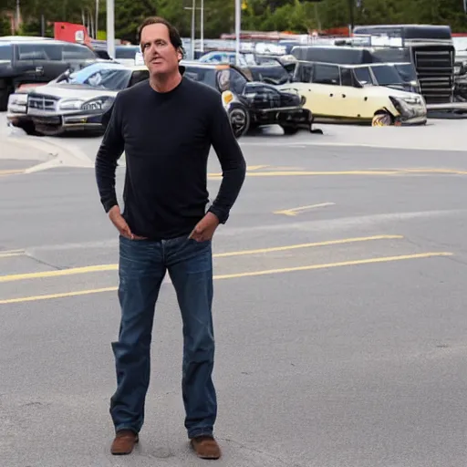 Image similar to will arnett crying with big smile on face standing in the middle of a parking lot, with many people running away