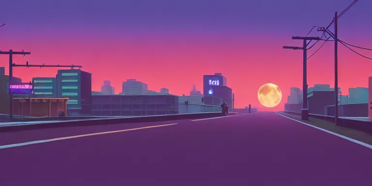 Prompt: an immaculate isometric cinematic keyframe matte painting of the silhouette of a young japanese girl standing in a wide sleek empty street 1 9 7 0 s vaporwave rust belt city at dusk with an oversized moon, just after the rain has cleared. by eric lafforgue, glennray tutor and edward hopper, greg rutkowski. trending on artstation.