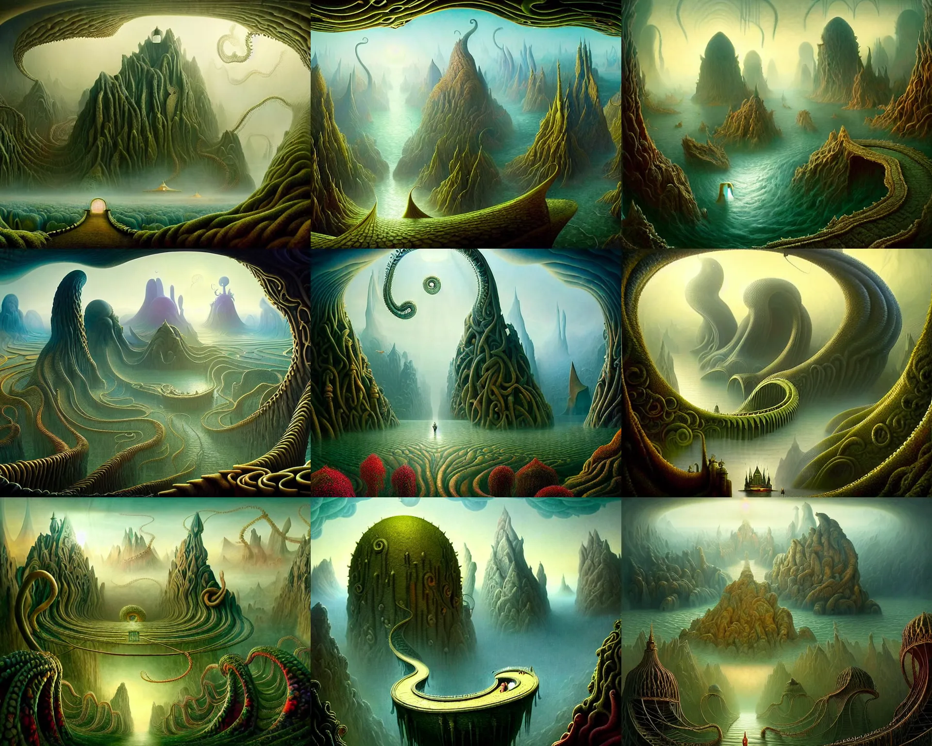 Prompt: a beguiling epic stunning beautiful and insanely detailed matte painting of the impossible winding path into lovecraftian dream worlds with surreal architecture designed by Heironymous Bosch, mega structures inspired by Heironymous Bosch's Garden of Earthly Delights, vast surreal landscape and horizon by Asher Durand and Tyler Edlin, masterpiece!!!, grand!, imaginative!!!, whimsical!! intricate details, sense of awe, elite, wonder, insanely complex, masterful composition!!!, sharp focus, protagonist in foreground, fantasy realism, dramatic lighting