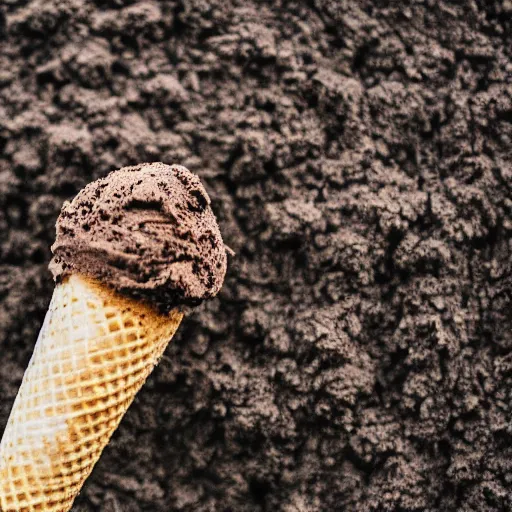 Image similar to macro photo of an ice cream cone covered in dirt and hair