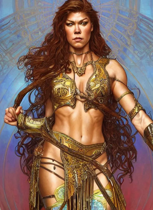 Image similar to Adrianne Palicki as a beautiful warrior woman, fantasy, intricate, elegant, highly detailed, centered, digital painting, artstation, concept art, smooth, sharp focus, illustration, art by artgerm and donato giancola and alphonse mucha