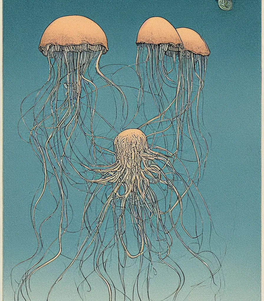 Image similar to brilliant alien jellyfish in the sky color scientific illustration by Ernst Haekel, color illustration with orthographic views