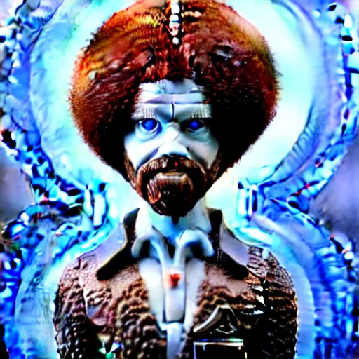 Image similar to bob ross chia pet with extremely large and intricate eye cyberpunk bionics with angry blue eyes and slim features looking askance, eye cyberpunk bionics, retro futurist style, intricate, elegant gleaming intricate baroque jewelry, angelic halo, highly detailed, digital painting, artstation, concept art, smooth, sharp focus, illustration, art by wlop, ravelo and rutkowski