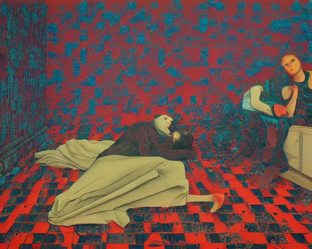 Prompt: Two lovers feeling lost and paranoid in a dark old room, feeling vulnerable in their love, hoping that their struggles will bring the best out of their love, their twisted world turned upside down, room floor made of checkered tiles, vibrant screen print by martine johanna and beksinski, art by Jonathan Zawada, part by Adrian Ghenie, part by Gerhard Richter, masterpiece